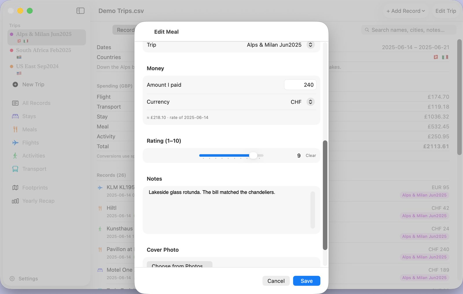 TripShelf on Mac: the money fields of a record, an amount of 240 CHF with its conversion to pounds shown underneath at the rate of the spend date