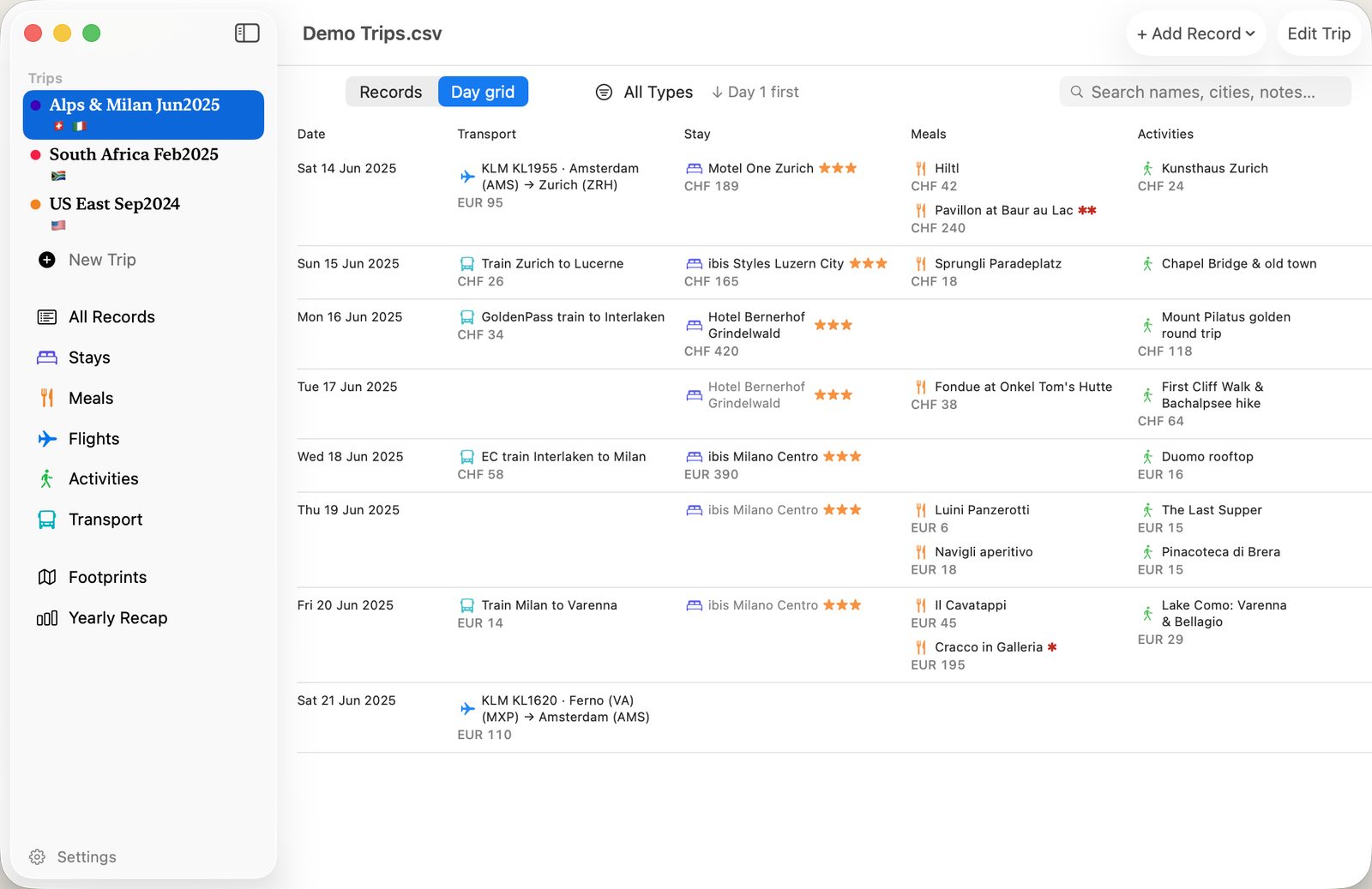 TripShelf on Mac: the day grid view, one row per day showing the transport, stays, meals and activities of a week-long Alps trip