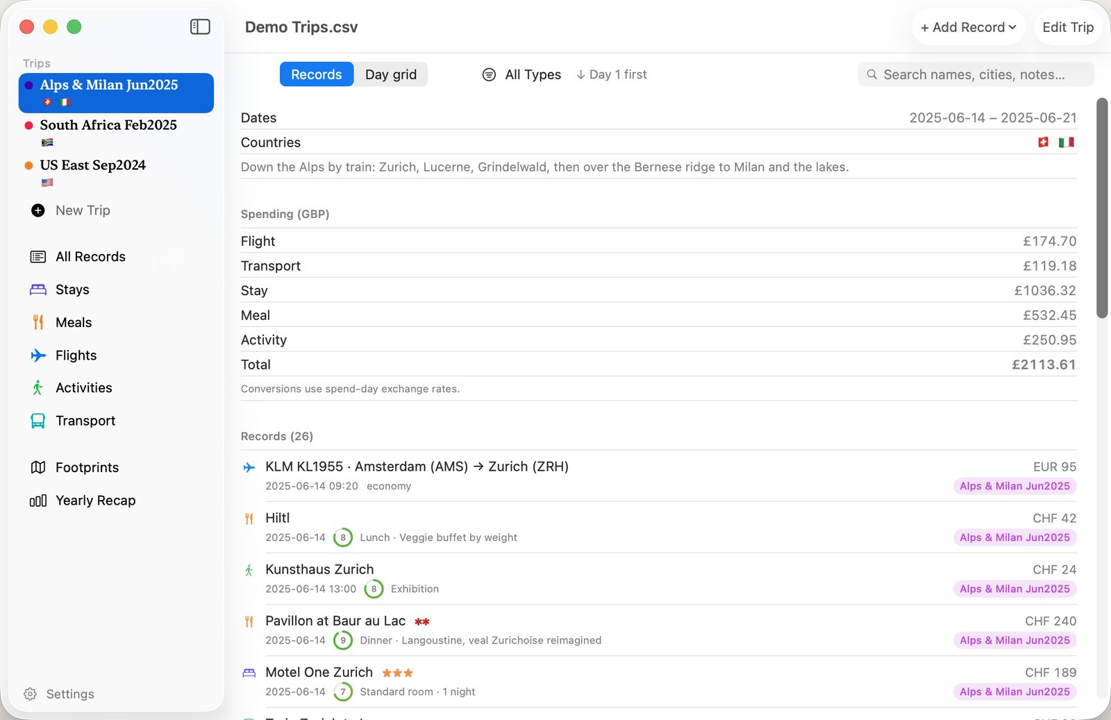 TripShelf on Mac: the records view of the same trip, each flight, meal, stay and activity listed with its price, and spending totalled by category